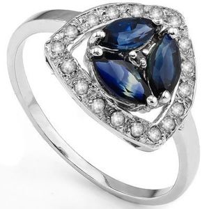 Ring 4/5 Ct 3 Marquise Cut Midnight Blue Sapphires & 18 Round Cut Diamonds 0.110